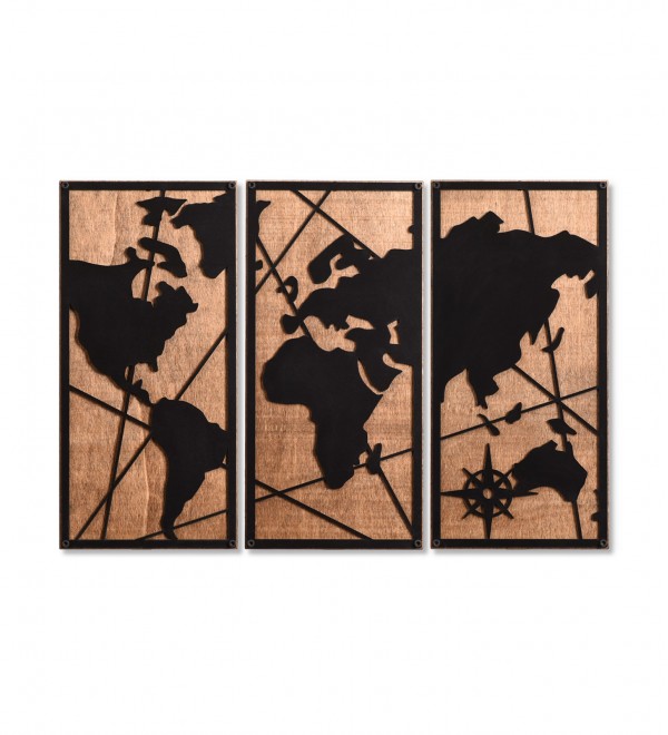 3 Parça Dünya Haritası Dekoratif Ahşap Duvar Tablosu